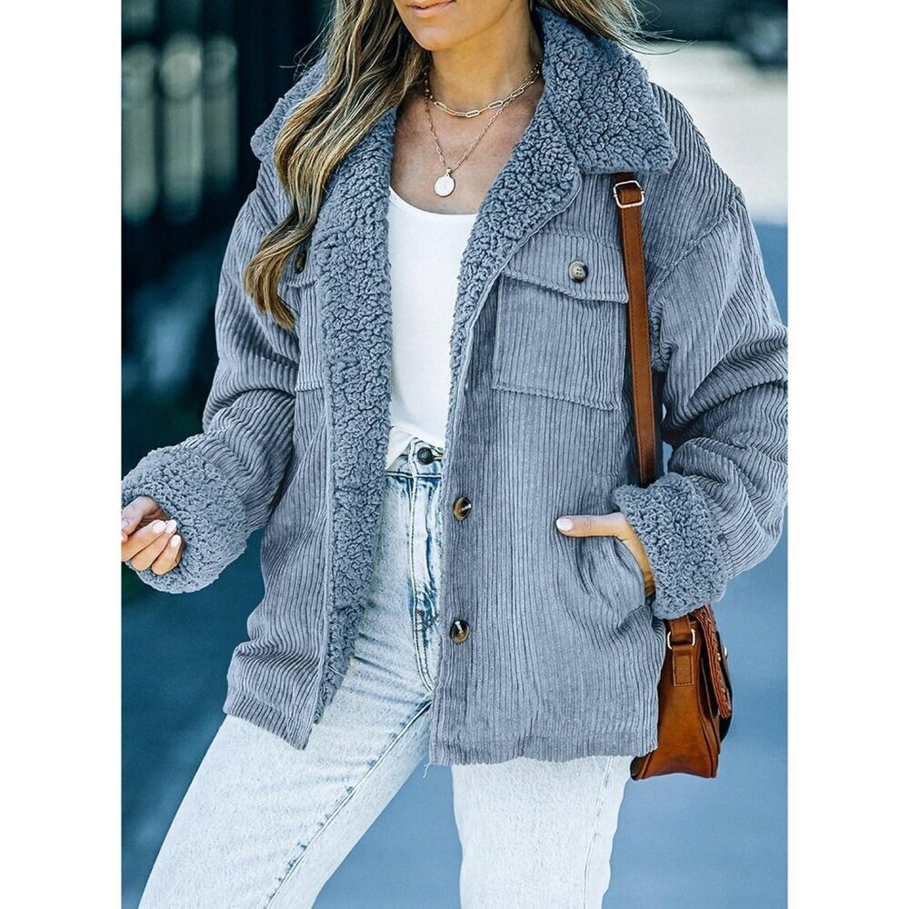 Women's A Sky Blue Jacket Vests Coat Fleece Fur Collar Button Down Winter Warm - Picture 5 of 5